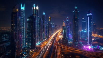 Obraz premium A Nighttime View of a City Skyline with Lit-Up Skyscrapers and a Busy Highway