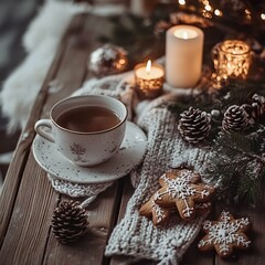 Fototapeta premium A cozy winter scene featuring a cup of hot tea, gingerbread cookies, pinecones and lit candles, arranged on a wooden table with festive decorations and soft lighting