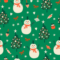 Cute happy snowman, Christmas trees, candies, bows, snowflakes, bows seamless pattern. Holiday season fun print for fabric, wrapping paper design.