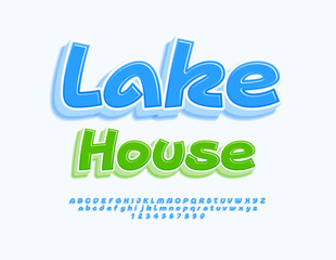 Vector artistic poster Lake House. Funny Blue Font. Modern Alphabet Letters and Numbers set.