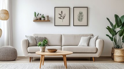 Fototapeta premium Living room interior with cozy sofa, coffee table, and white wall art.