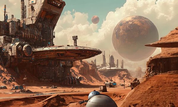Futuristic landscape featuring a large spaceship and industrial structures on a barren planet.