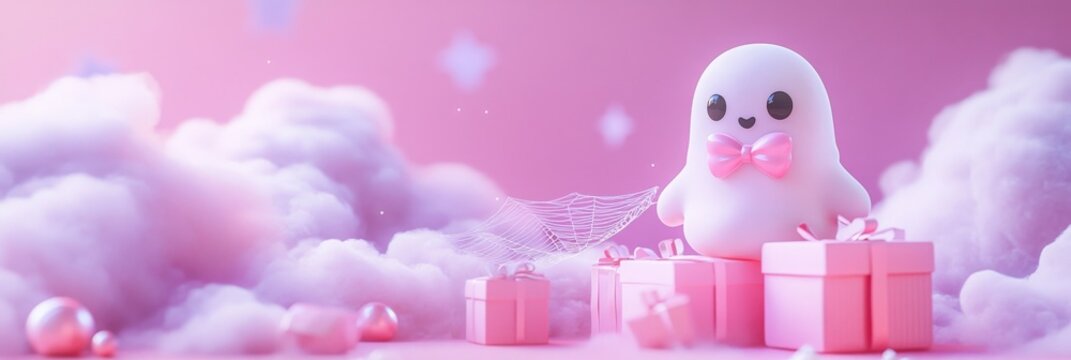 banner with coquette cute girly pink halloween gost with a bow 3d style. Ai generative