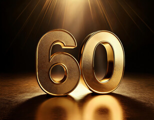 The impressive golden number 60 in a 3d rendering has a rich metallic texture with a reflective surface on dark bokeh background	