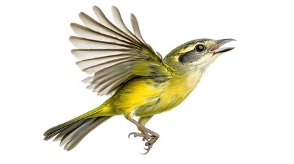 Fototapeta premium Green-backed Becard Bird Flying on White Background, Photo Realistic, Pattern Background, Wallpaper, Cover and Screen for Smartphone, PC, Laptop, 9:16 and 16:9 Format