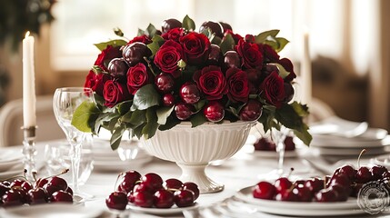 A white dining table set with a vase of red roses, a crystal bowl filled with cherries and grapes as the centerpiece, and white ceramic plates paired with silverware,