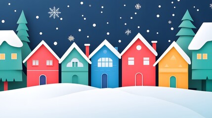 A colorful paper cutout of houses in the snow, with trees and a blue sky above, creating an adorable winter scene