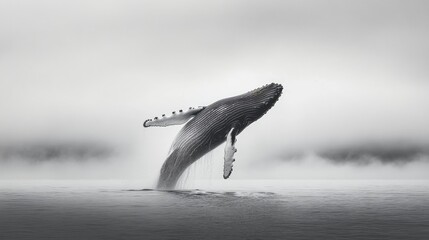 Fototapeta premium A humpback whale rises peacefully from the ocean depths surrounded by misty tranquility