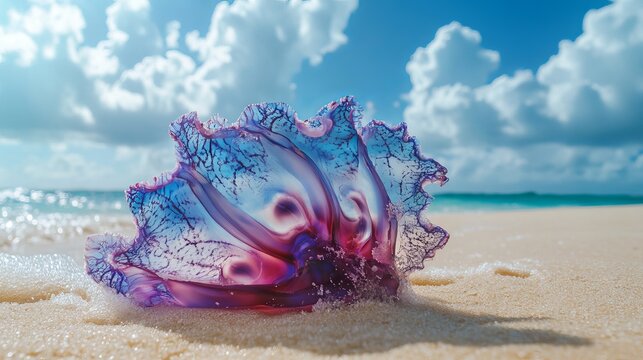 The Physalia physalis, or Portuguese man-o-war, washed up on the sandy shore.
