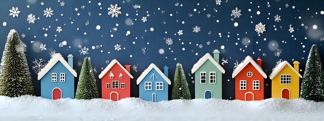 A colorful paper cutout of houses in the snow, with trees and a blue sky above, creating an adorable winter scene