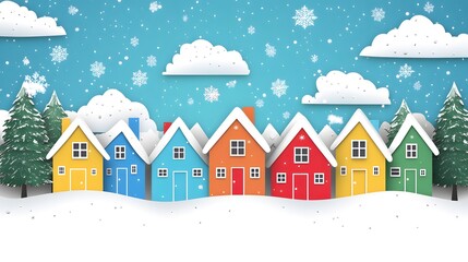 A colorful paper cutout of houses in the snow, with trees and a blue sky above, creating an adorable winter scene
