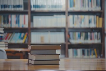 A stack of books on a wooden table in a library, with shelves full of books in the background, creating a scholarly and academic atmosphere.