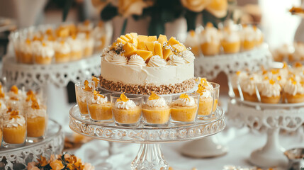 Elegant dessert table with mango cheesecake and whipped cream delights