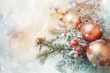A Christmas tree with red and gold ornaments. The tree is covered in snow and the ornaments are hanging from the branches