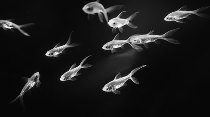 Delicate bioluminescent fish illuminate the darkness with their ethereal glow