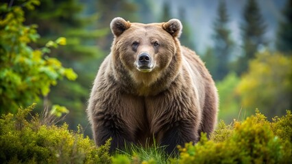 Fototapeta premium Brown bear standing in lush green forest.