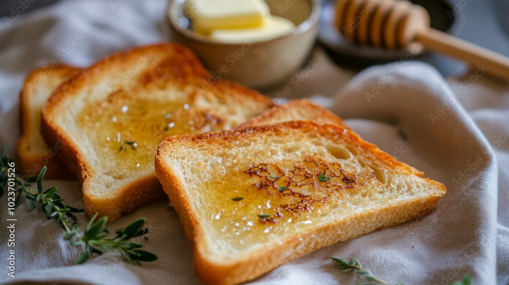 Poster golden toast with butter and honey drizzle