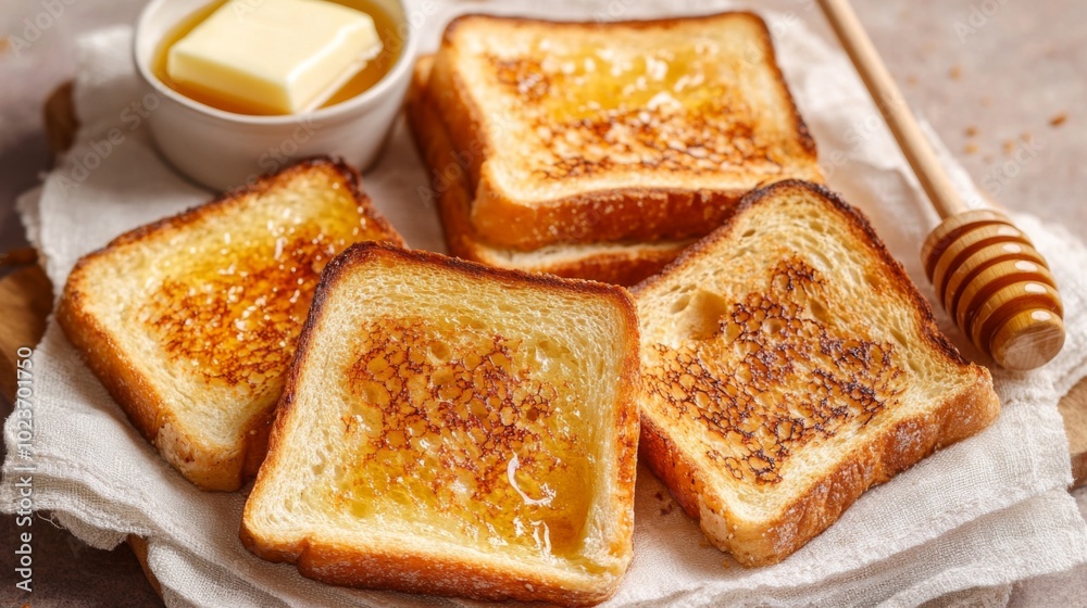 Poster Toast with Butter and Honey on a Rustic Table