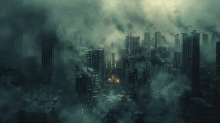 A haunting scene of a post-apocalyptic city shrouded in smoke, with dark clouds and remnants of skyscrapers silhouetted against a faint glow.
