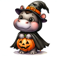 Watercolor Clipart of a funny Halloween baby hippo, isolated on a white background