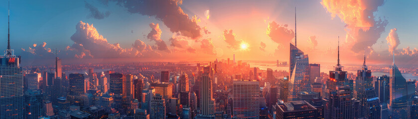 Fototapeta premium A vibrant city skyline at sunset, with skyscrapers silhouetted against a colorful sky filled with clouds.