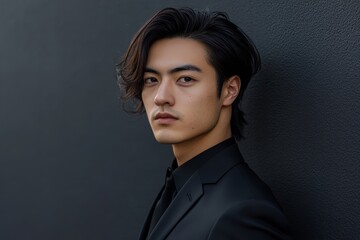 Fototapeta premium スタイリッシュな黒のスーツを着た男性が壁に寄りかかる瞬間のポートレート