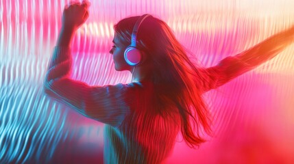 Obraz premium A woman dances joyfully, immersed in pulsating colors and sounds, savoring the nighttime energy