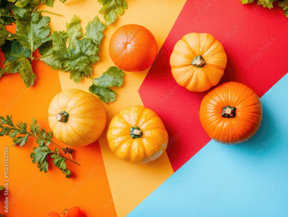 Canvas Prints Autumn Food Composition with Pumpkins on Colorful Background