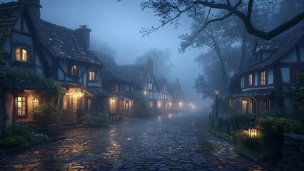 Fototapeta premium Fog in Village Serene Nights Beneath the Mist