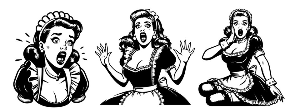 pin-up style maid girls in various poses, black vector artwork