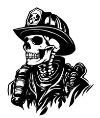 spooky skeleton wearing firefighter suit in black vector artwork