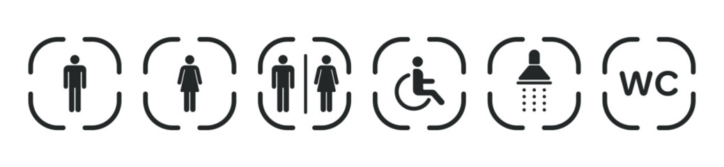 Set of toilet icons, toilet signs, WC signs. Black flat wc icon set. Male or female restroom wc. Stock vector.