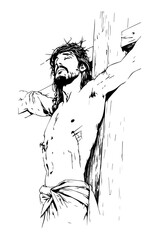 Fototapeta premium illustration of jesus christ on the crucifix with symbolic elements in black vector