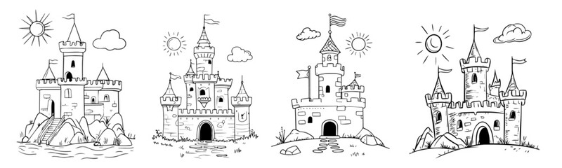 magical fairytale castle collection, black vector cartoon artwork
