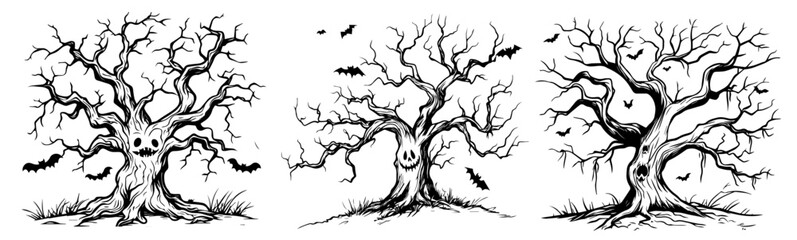 eerie trees with  flying bats for halloween in black vector