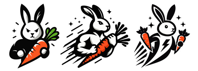 dynamic and powerful cartoon bunnies showcasing carrots with an energetic twist vector