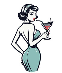 elegant pin-up woman in blue dress holding cocktail in retro cartoon style