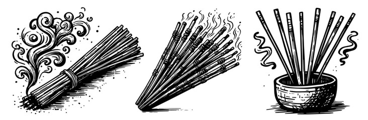 incense sticks burning with aromatic smoke, black vector