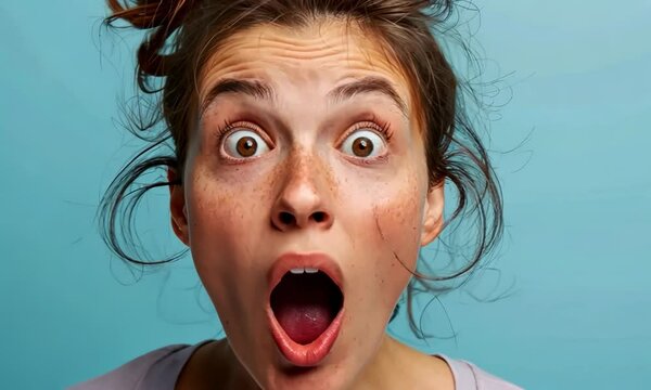 A woman with red hair and freckles is making a surprised face Video