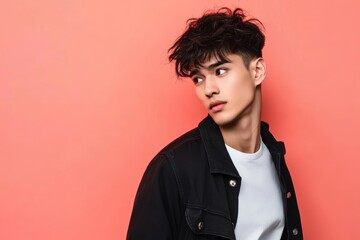 Obraz premium 若い男性がオレンジ色の背景の前でポーズをとるファッションショットの瞬間を捉えた一枚