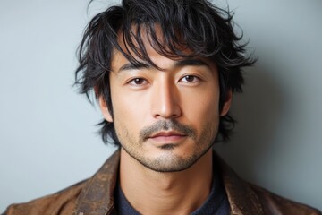 Obraz premium 日本の男性モデルがスタジオでポートレートを撮影している様子