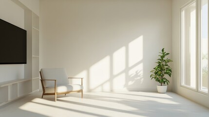 Fototapeta premium Minimalist living room with white walls, a large window, and a comfortable armchair.