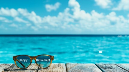 Sunglasses with 'Happy Retirement' text on a wooden surface by the beach, ocean and blue sky in the background.