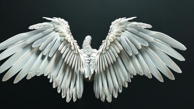 A pair of white angel wings spread wide against a dark background