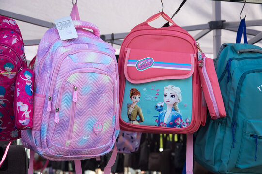 Mulhouse - France - 10 October 2024 - closeup of pink snow queen backpack par disney at the market
