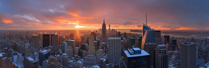 Obraz premium A city skyline with a beautiful sunset in the background