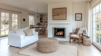 Living Room With White Sofa, Furniture, Fire Burning in Fireplace, And Large Windows, Cozy Interior