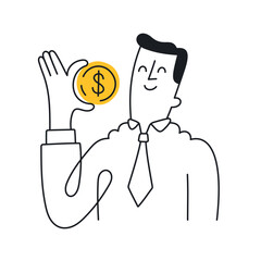 Businessman Holding Dollar Coin Symbol. Doodle style with an editable stroke.