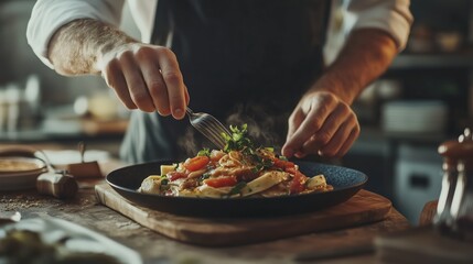 A chef is preparing a meal with a fork and a knife