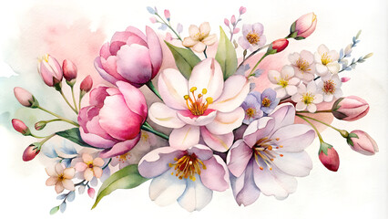 Obraz premium Elegant floral arrangement with pink and white flowers in watercolor style